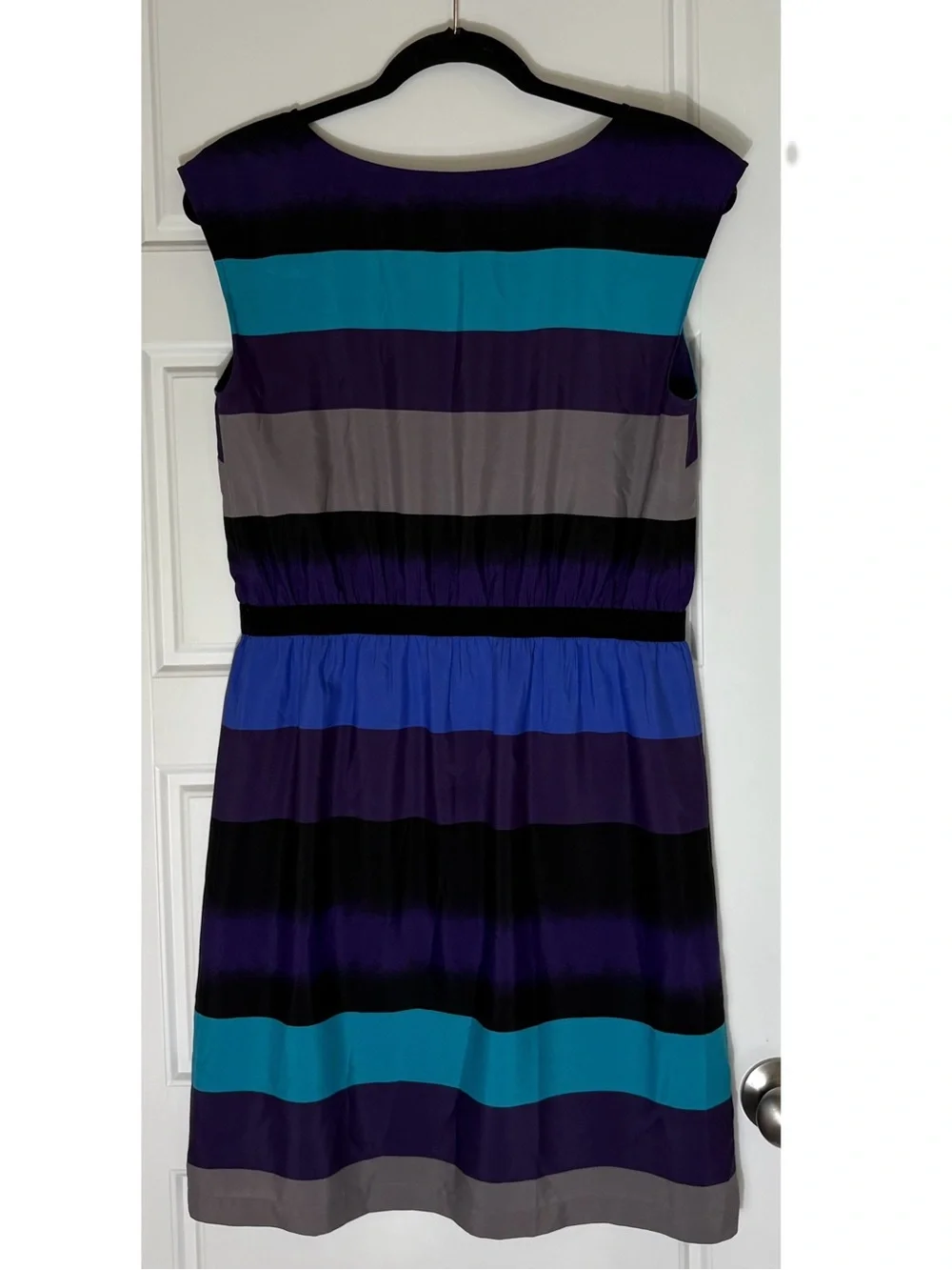 LOFT Multicolor Striped Cap-Sleeve Dress — Turquoise, Purple & Black